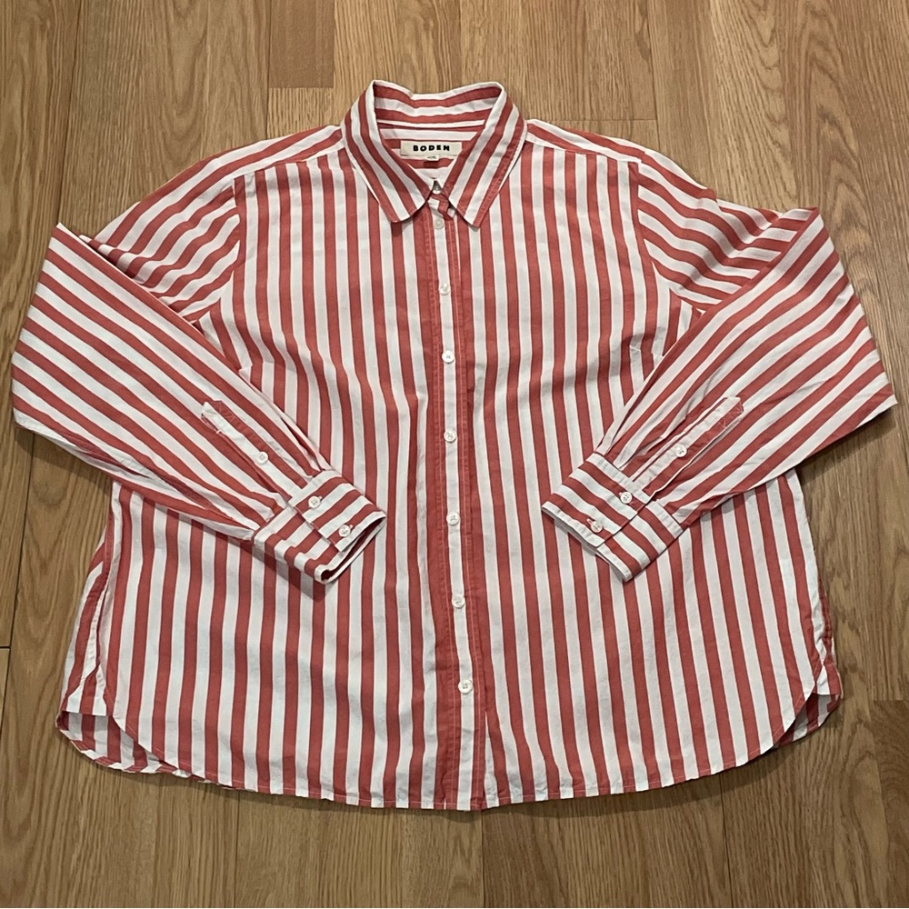 Boden Women’s 16-18 Long Sleeve Button Up Shirt Red White Striped Preppy